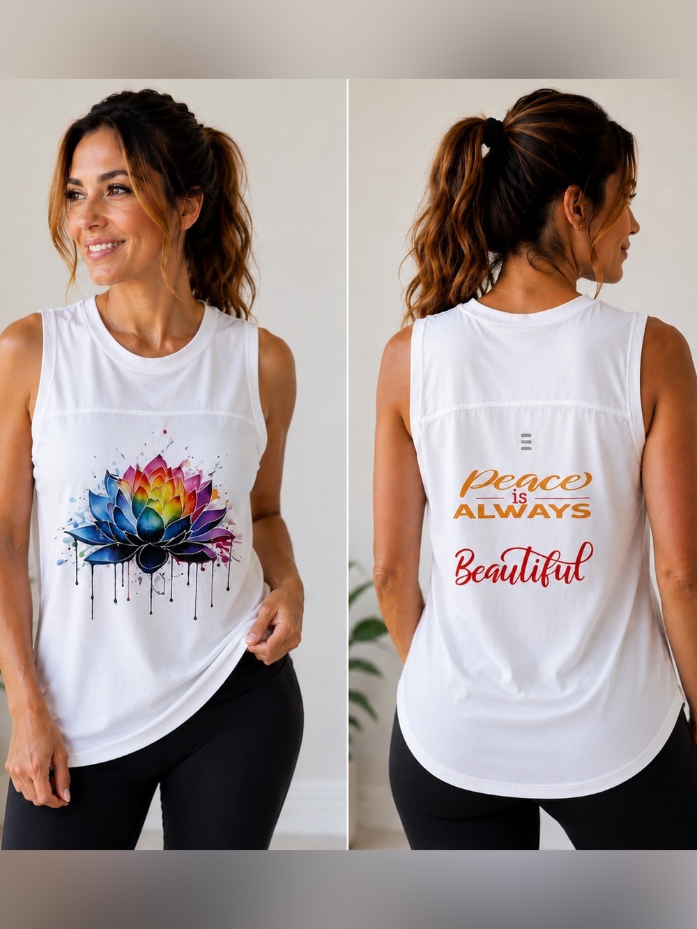 Women’s White Sleeveless Lotus Graphic Athletic Top – Peace Is Always Beautiful